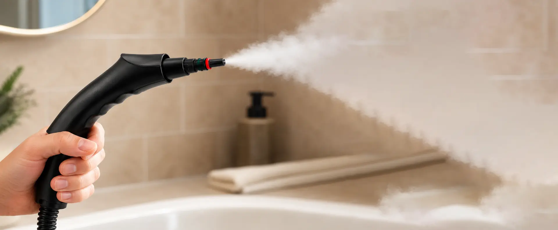 Mano usando la pistola de vapor real Crystal Time liberando vapor en un baño