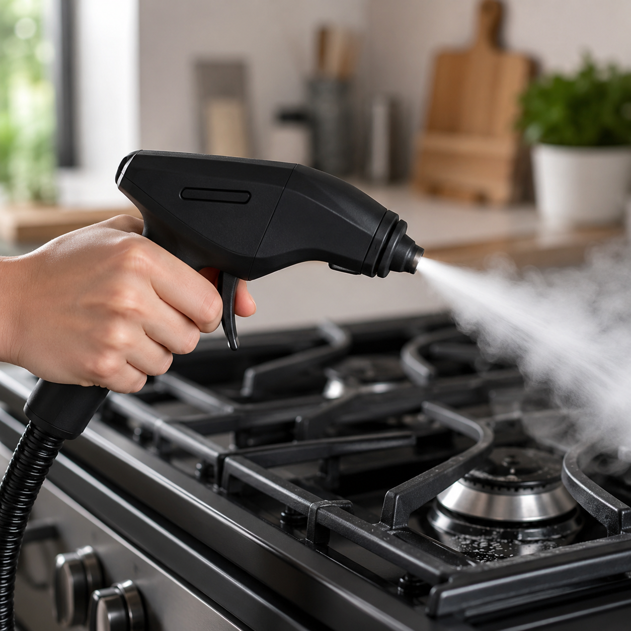 Vapor saliendo de la pistola limpiando una superficie de cocina