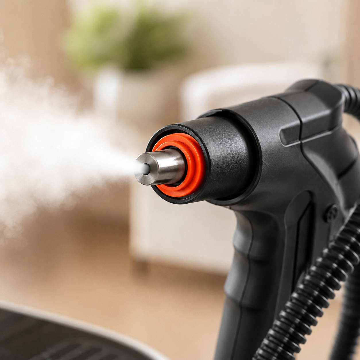 Primer plano de la boquilla real liberando vapor