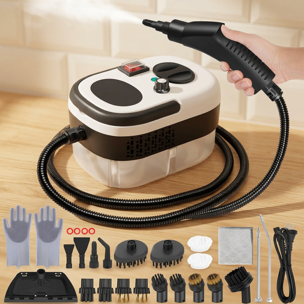 Kit completo del Limpiador a Vapor Multiusos 1100W sobre superficie de madera